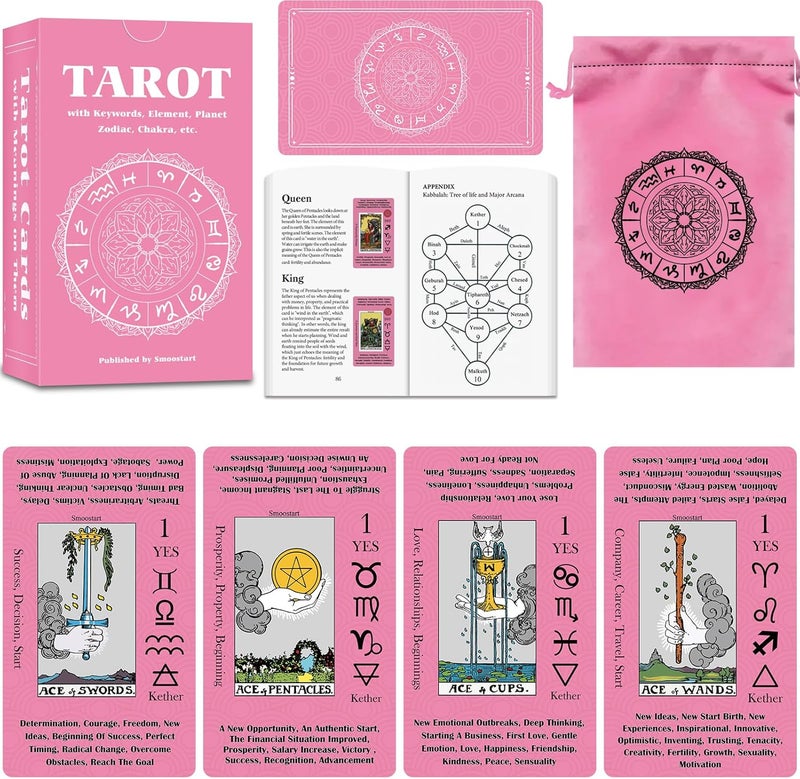Smoostart Tarot Cards for Beginners with Meanings on Cards - Includes Premium Velvet Storage Bag & Guide Book - 450GSM Thicker Cards - Image 1